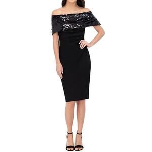 Vince Camuto Women's Off the Shoulder Sequin Solid Sheath Black Dress Size 0